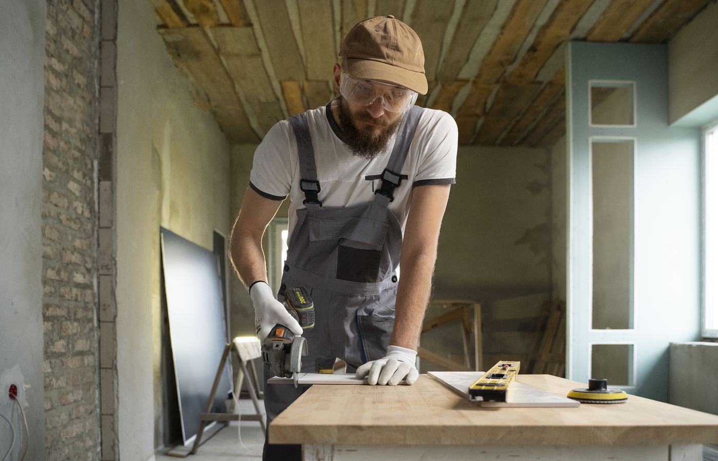 Tradesman cutting materials in a room mid-renovation